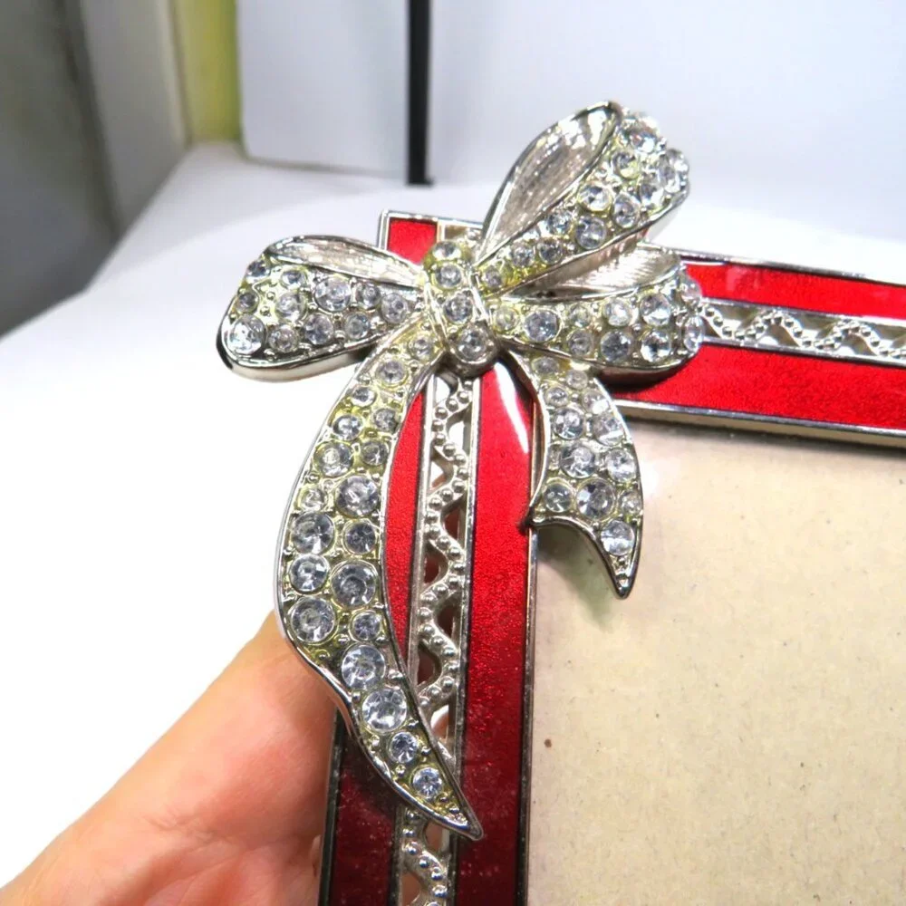 Red Enamel Metal w Rhinestone BOW Picture Frame w silver accents